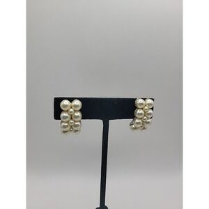 Vintage Faux Pearl Cluster Clip On Earrings Cream Ivory Rectangular Classic Eleg